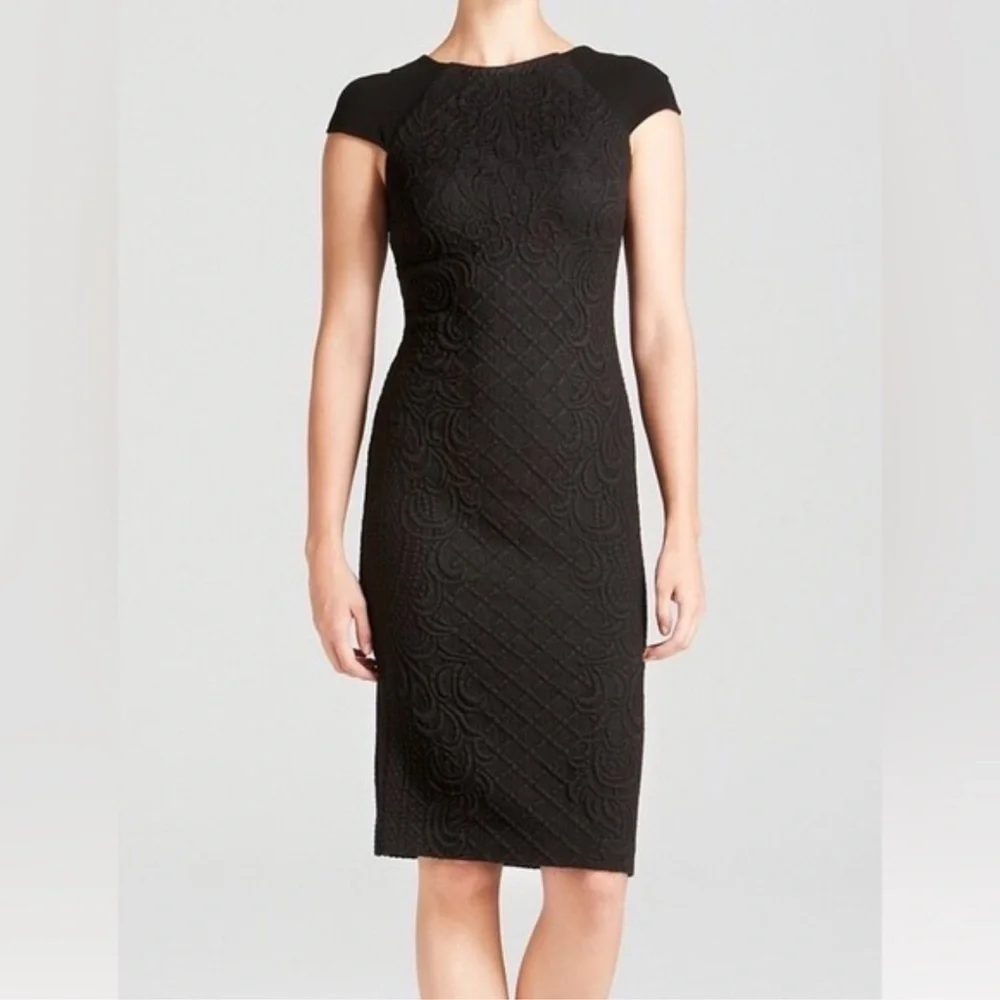 Tory Burch Kiersten Brocade Wool Blend Cap Sleeve Dress Black Medium Cocktail